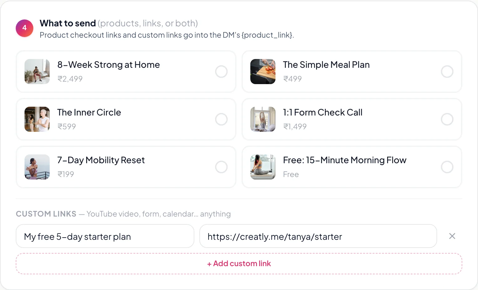 Selecting products and adding custom links to an Instagram AutoDM automation in Creatly