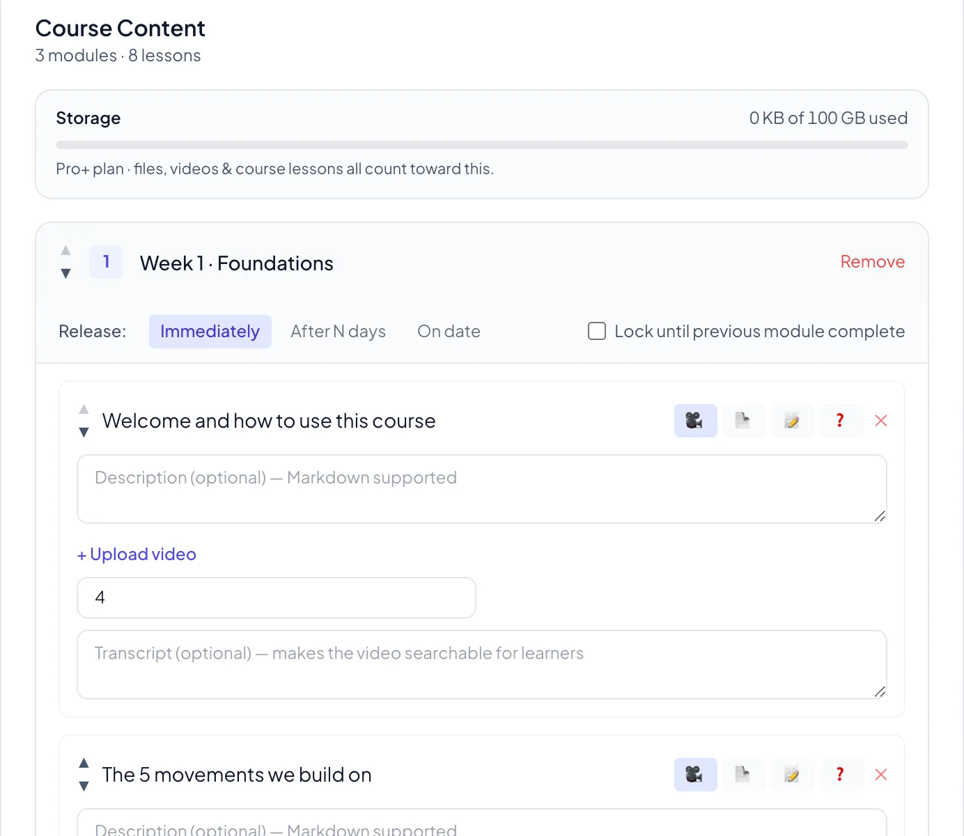 The Creatly course builder showing modules, release timing options and video, PDF, text and quiz lesson types