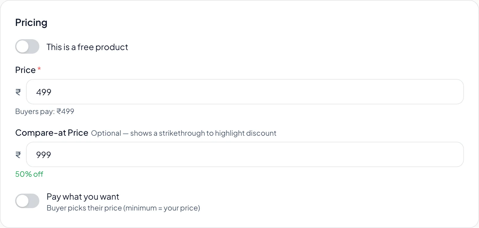 The Creatly product editor showing price, original price for a discount, and file upload