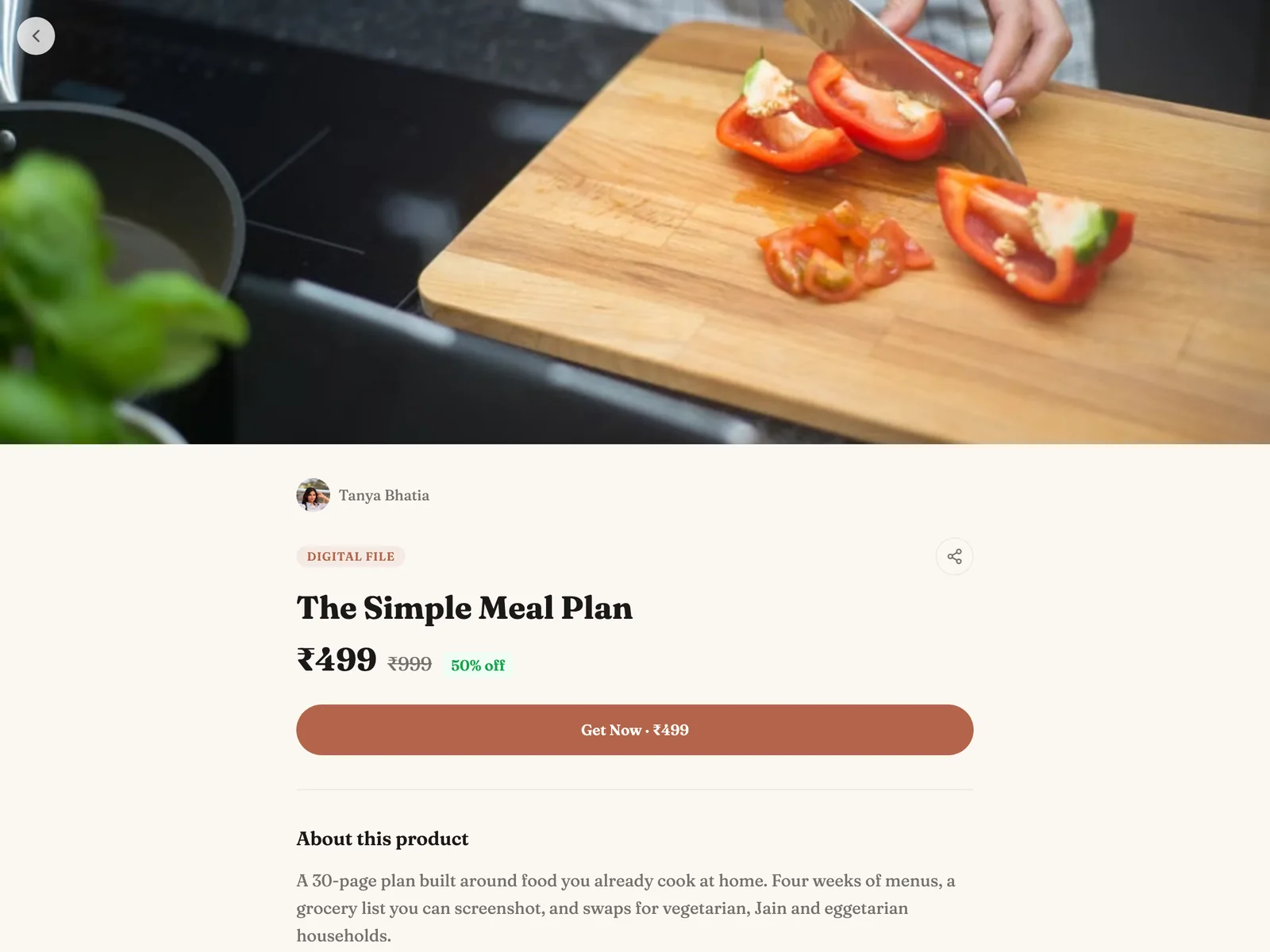 A Creatly digital product page showing cover image, description, discounted price and a buy button