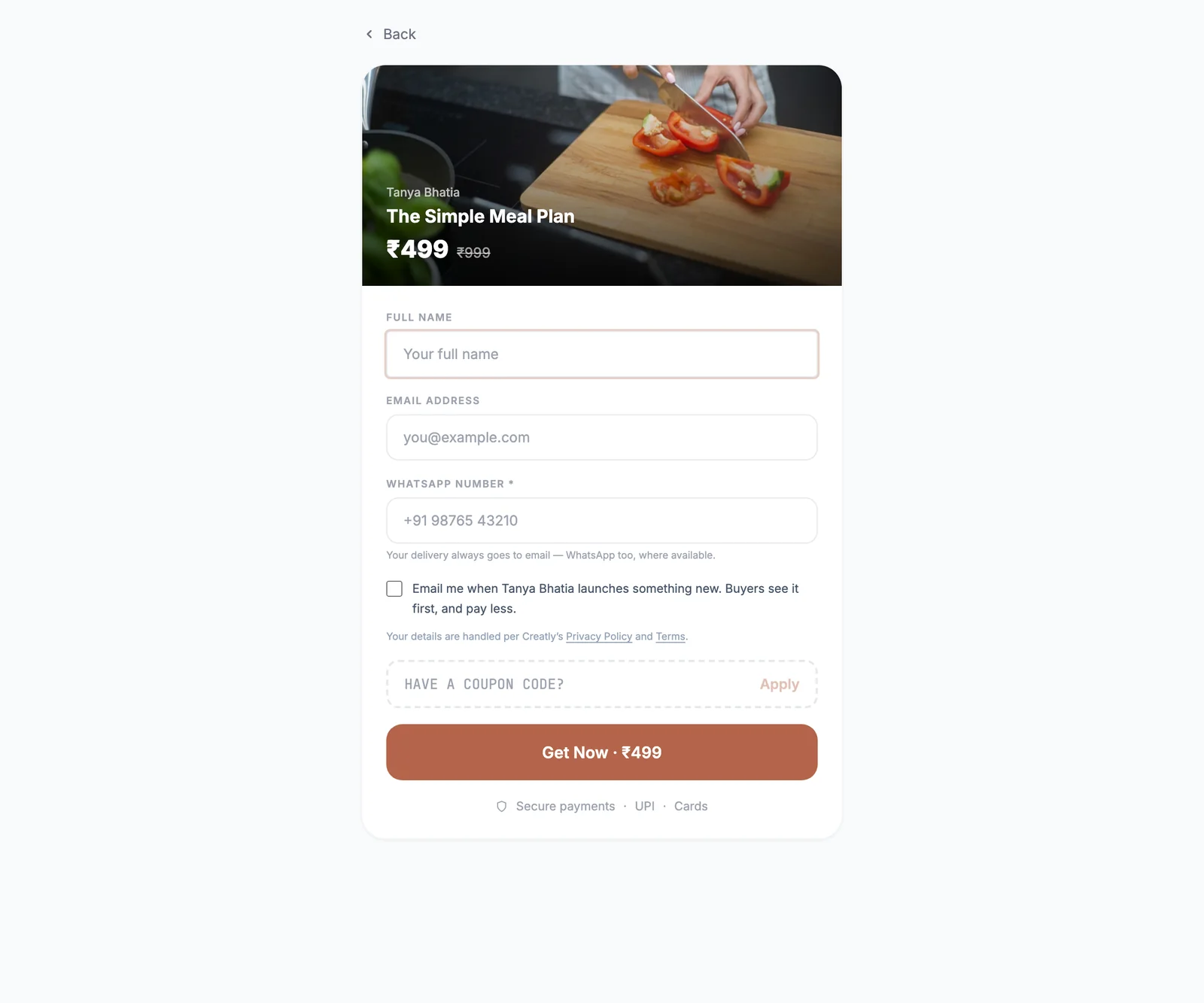 The Creatly checkout collecting name, email and WhatsApp number before UPI or card payment